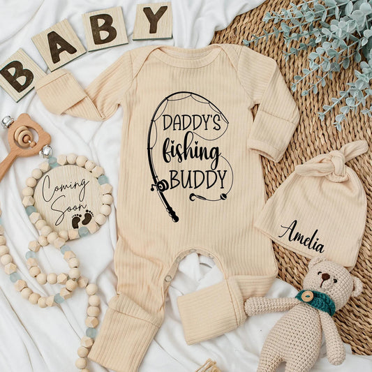 Daddy's Fishing Buddy Bodysuit Ribbed Newborn Outfit Cute Angler Romper New Fisherman Dad Gift Baby Boy Girl Clothes Soft Cotton Outdoor Adventure 136