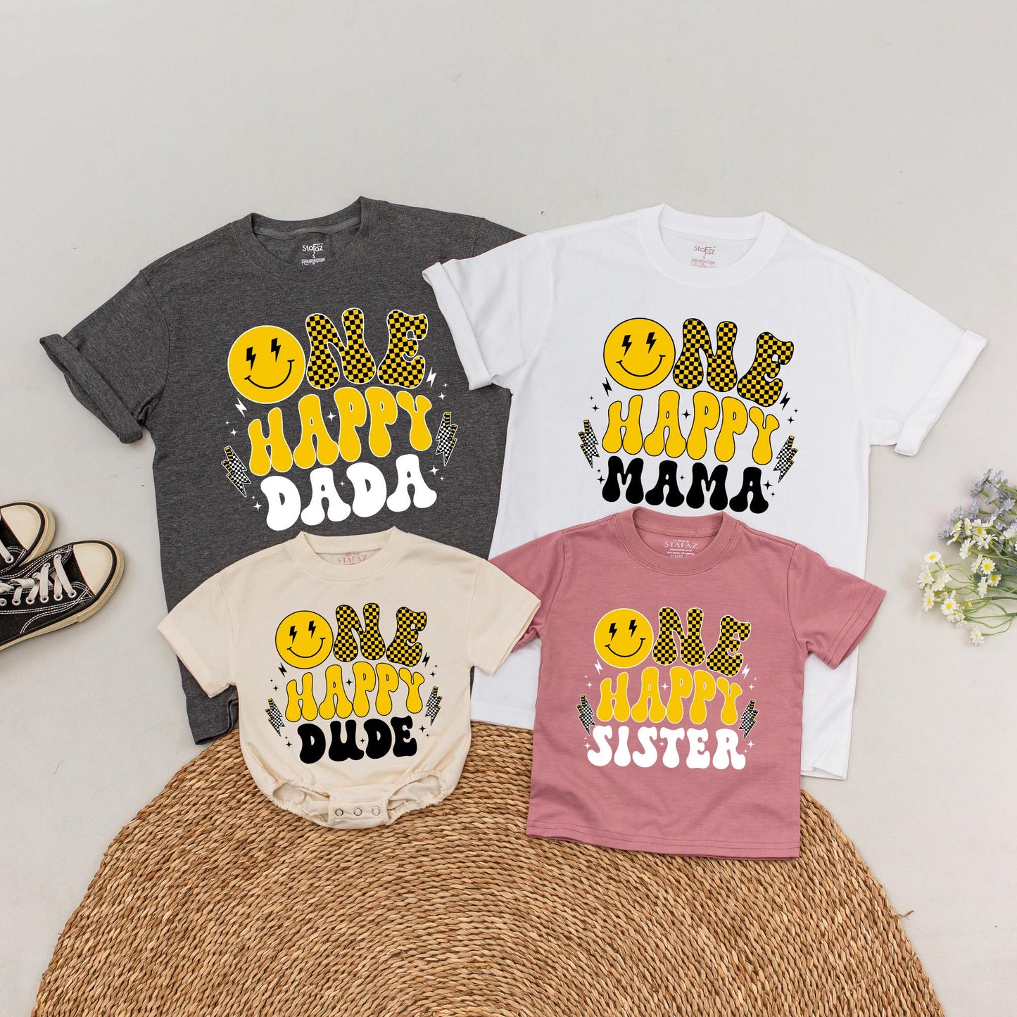 One Happy Dude First Birthday T-Shirt Matching Family Baby Boy Outfit Custom Name Retro Face Design
