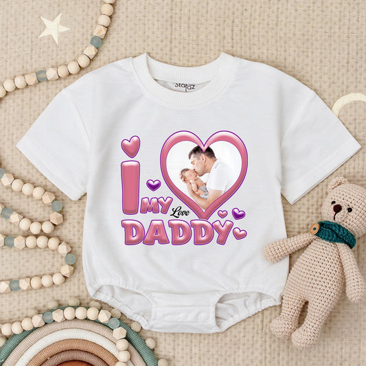 Custom Photo I Love My Daddy Baby Bodysuit, Pink Heart Father's Day Gift, Your Photo Here Infant Romper, Cute Baby Boy Girl Gift
