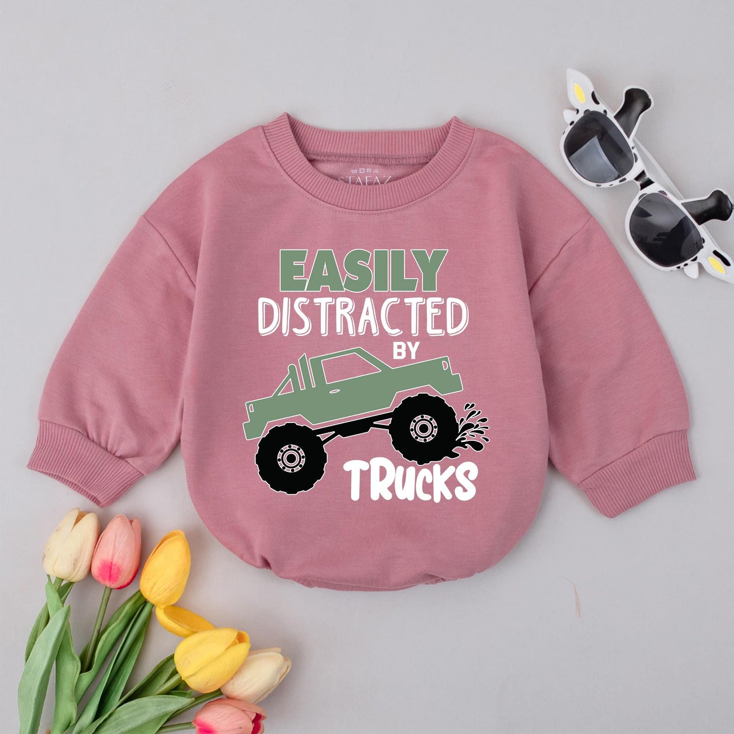 Truck Lover Baby & Toddler Shirt | Boys Truck Sweatshirt Birthday Outfit | Easily Distracted by Trucks Gift | Mud Truck Top