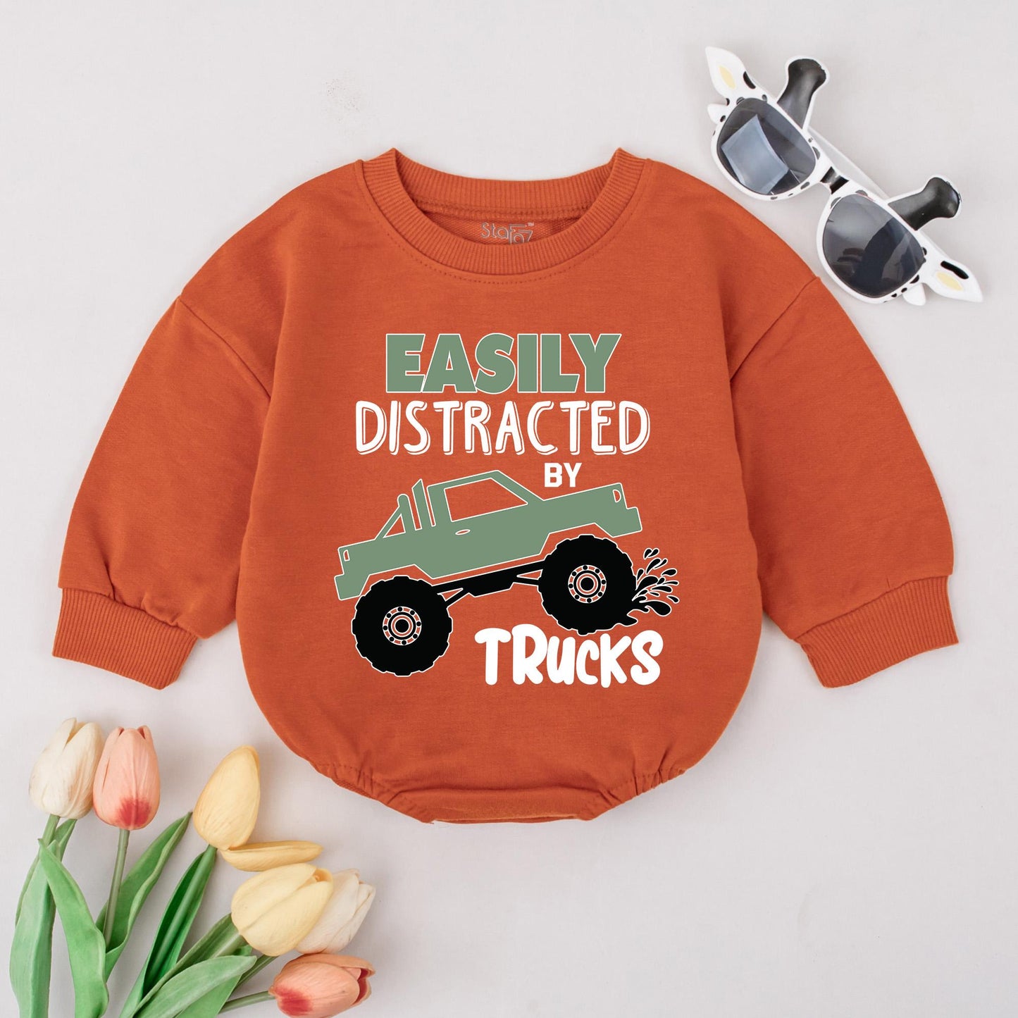 Truck Lover Baby & Toddler Shirt | Boys Truck Sweatshirt Birthday Outfit | Easily Distracted by Trucks Gift | Mud Truck Top