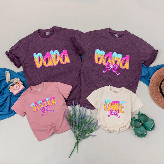 Matching Ice Cream Birthday Family Shirts: DADA, MAMA, SISTER, ONE Waffle Cone Design Baby Girl 1st Birthday Outfit Pastel Party Clothes