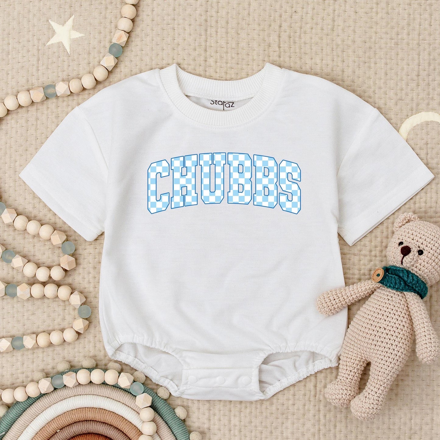 Chubbs Baby Boy Romper Classic Checkerboard Varsity Style First Birthday Outfit Adorable Blue & White Outfit for Little Gents Summer Casual Wear