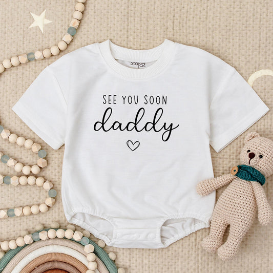 See You Soon Daddy Baby Announcement Romper Pregnancy Reveal Outfit Modern Minimalist Black Print Cotton Soft Newborn Gift