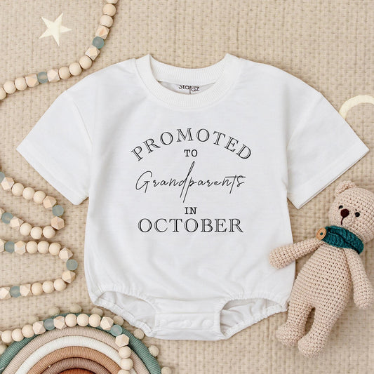 Promoted to Grandma Baby Romper Vintage Typography Pregnancy Reveal Gift for Grandparents October Surprise Babygrow