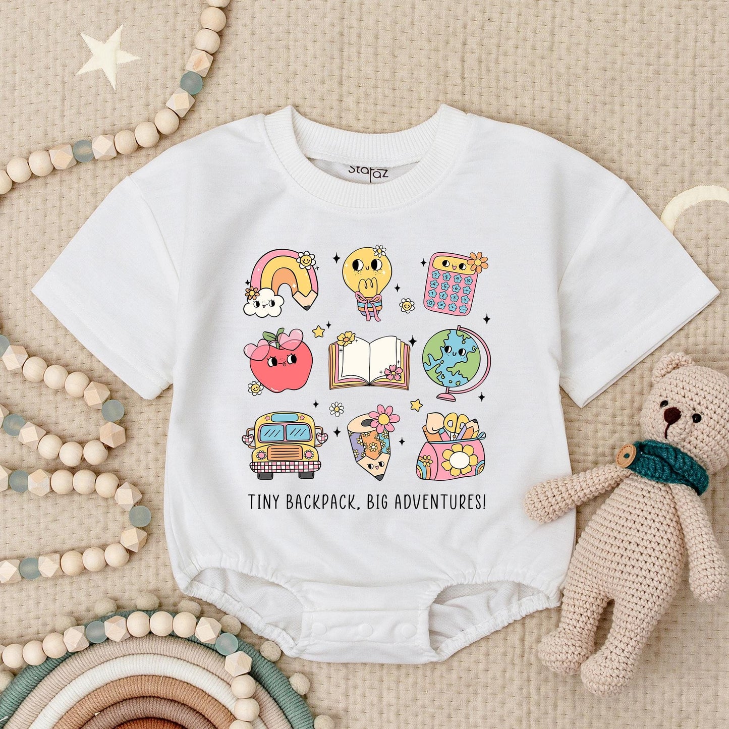 Back to School Adventure Romper: Pastel School Bus, Globe & Apple Print. Cute First Day Outfit for Baby & Toddler, Whimsical Teacher Gift Idea 134 chars