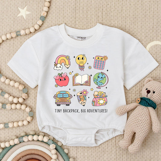 Back to School Adventure Romper: Pastel School Bus, Globe & Apple Print. Cute First Day Outfit for Baby & Toddler, Whimsical Teacher Gift Idea 134 chars