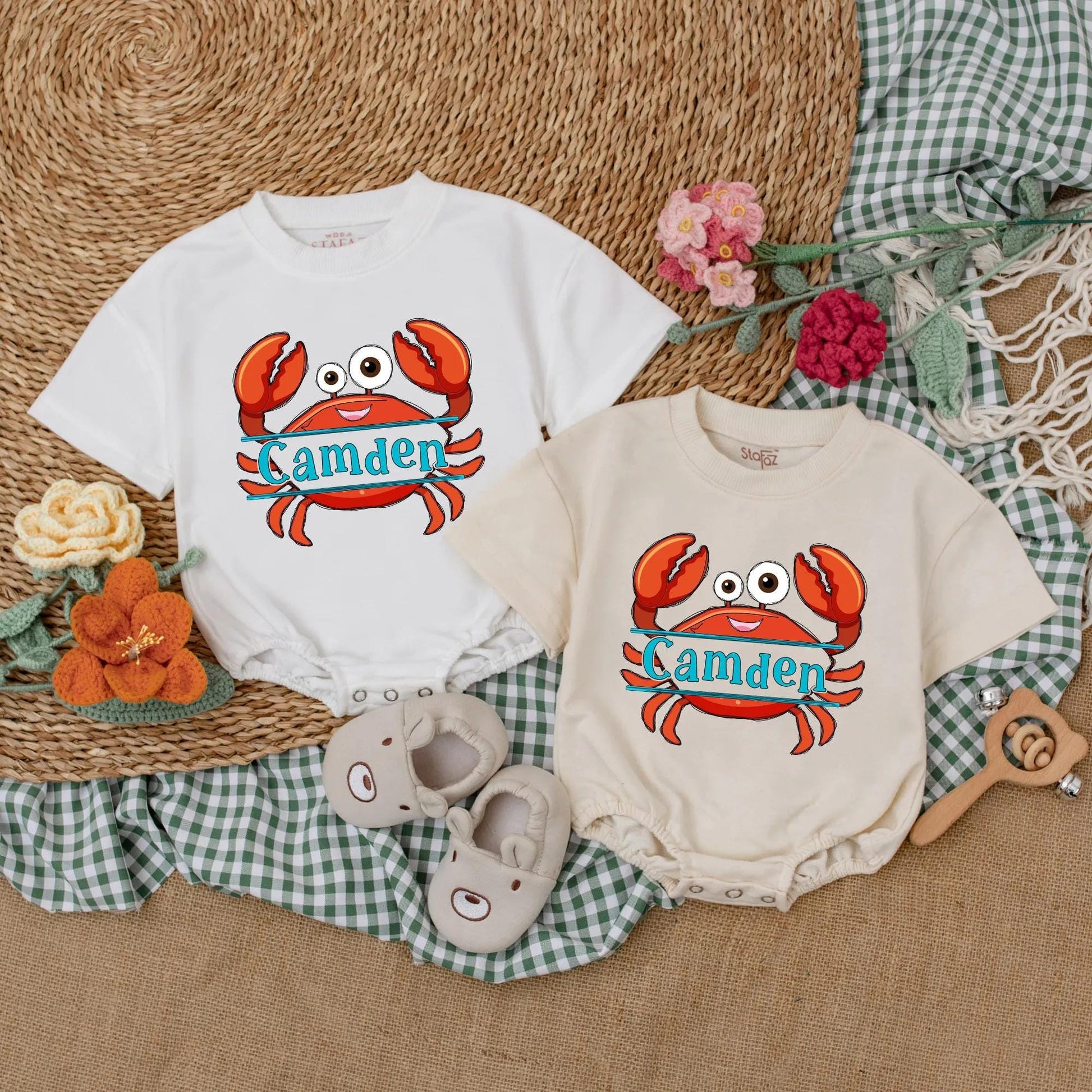 Personalized Summer Crab Baby Romper - Beach Baby Bodysuit, Custom Name Outfit, Nautical Gift for Baby Girl or Boy Shower