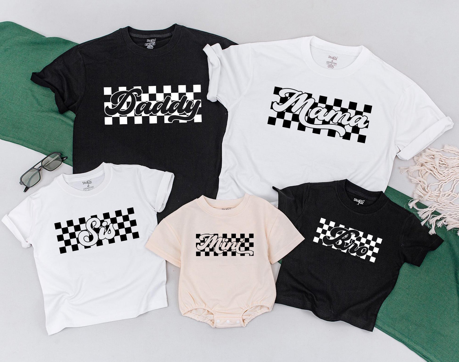 Retro Checkered Family Shirts Mommy and Me Baby Bodysuit Matching Outfits Distressed Tees