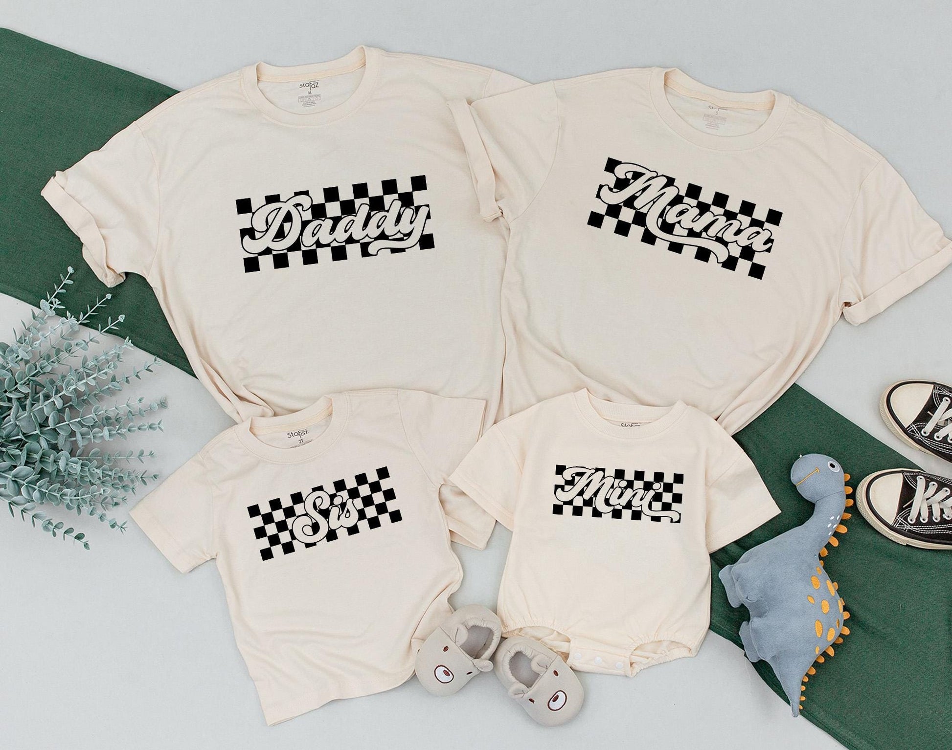 Retro Checkered Family Shirts Mommy and Me Baby Bodysuit Matching Outfits Distressed Tees