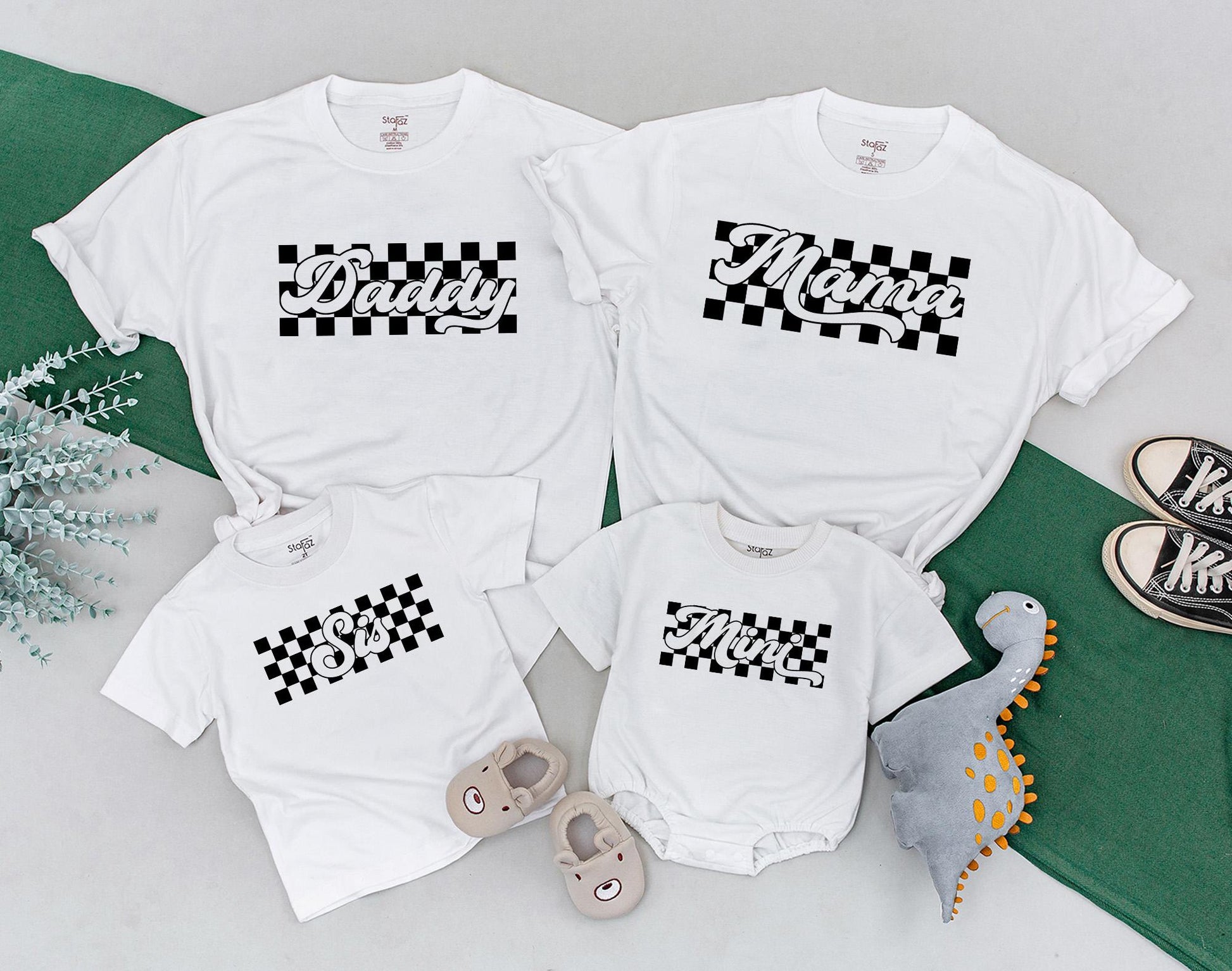 Retro Checkered Family Shirts Mommy and Me Baby Bodysuit Matching Outfits Distressed Tees