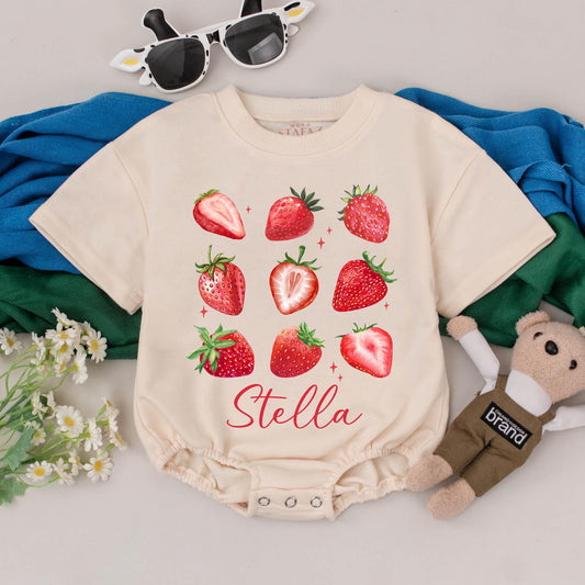 Personalized Strawberry Baby Romper, Custom Name Bodysuit, Girl Fruit Outfit, Baby Shower Gift, Newborn Clothes