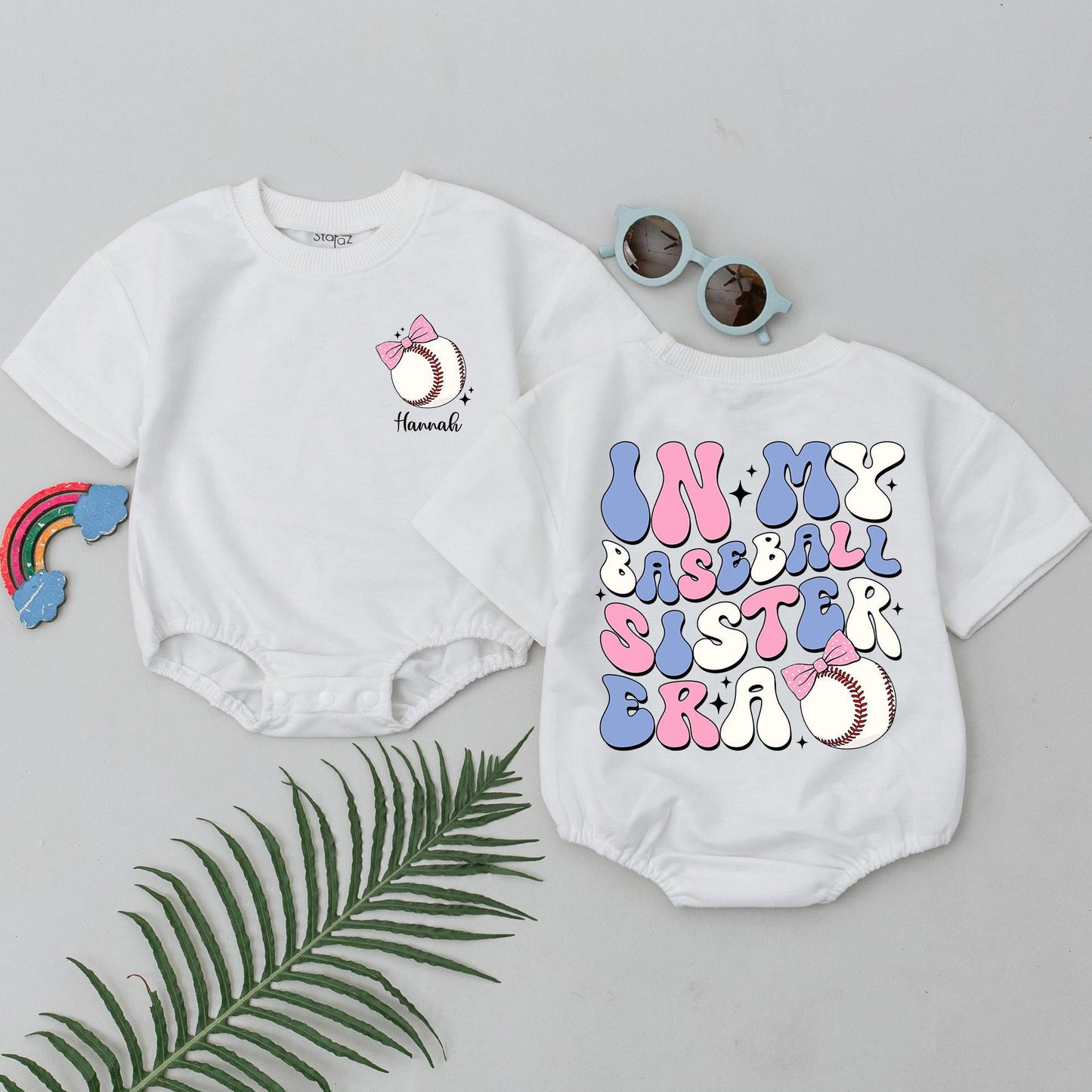Personalized Baby Girl In My Baseball Sister Era Short Sleeve Bubble Romper Retro Pink Blue Baseball Design Gameday Outfit Gift