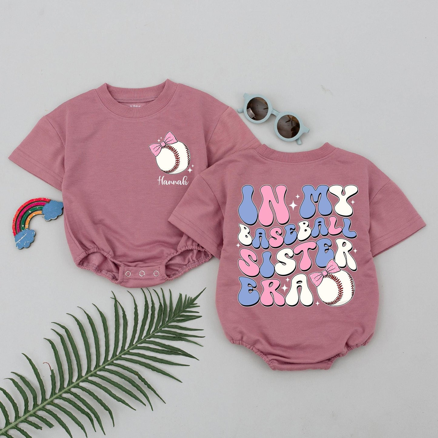 Personalized Baby Girl In My Baseball Sister Era Short Sleeve Bubble Romper Retro Pink Blue Baseball Design Gameday Outfit Gift