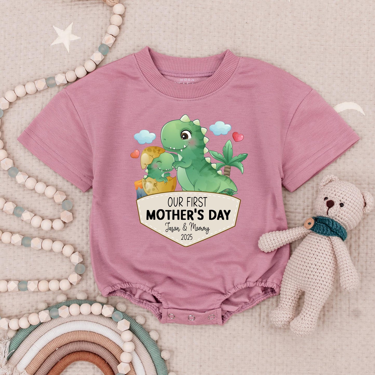 First Mother's Day Dinosaur Baby Romper, Personalized with Name & Year, Cute Pastel Green Dino Bodysuit, Soft Cotton, New Mom Gift 2025
