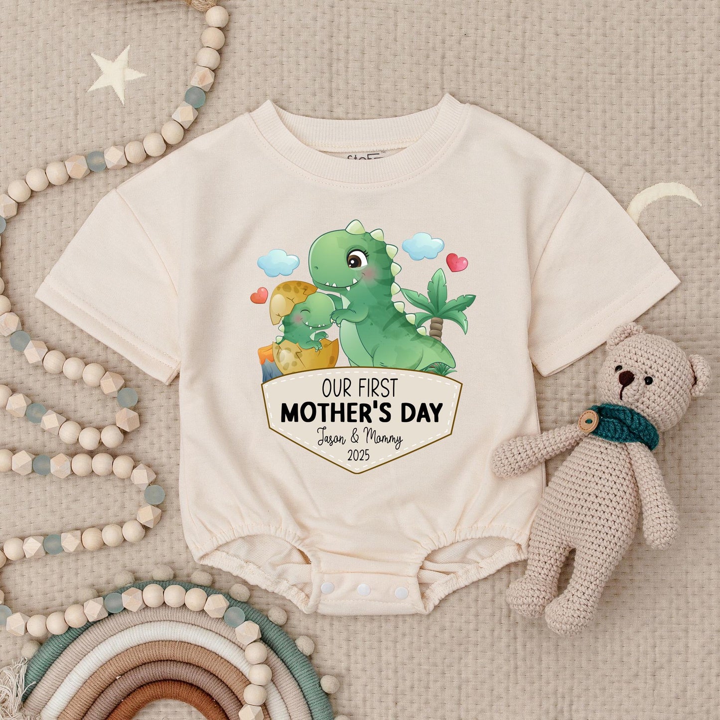 First Mother's Day Dinosaur Baby Romper, Personalized with Name & Year, Cute Pastel Green Dino Bodysuit, Soft Cotton, New Mom Gift 2025