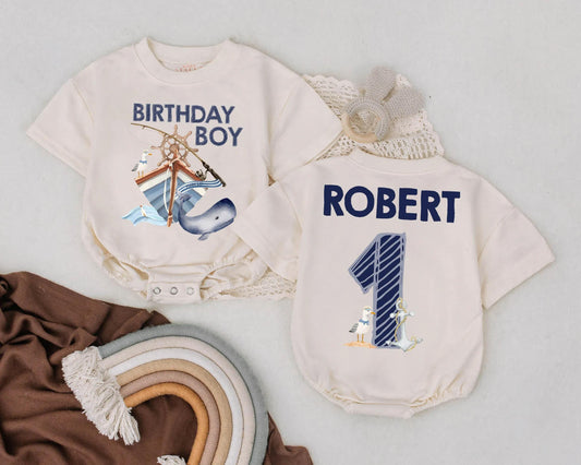 Oneder the Sea Birthday Bubble Romper for Boys Personalized Whale Theme First Birthday Outfit Custom Baby Clothes