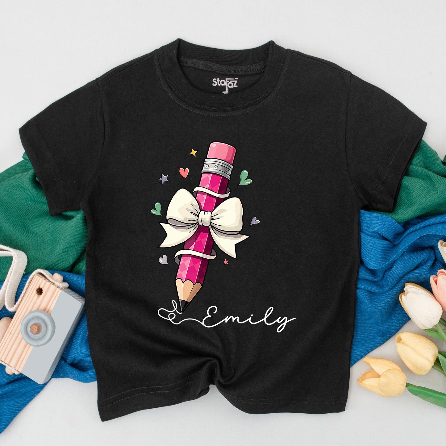 Custom Pencil Name Back to School Shirt for Girls Cute Toddler First Day Outfit Personalized Little Kid School Year T-Shirt