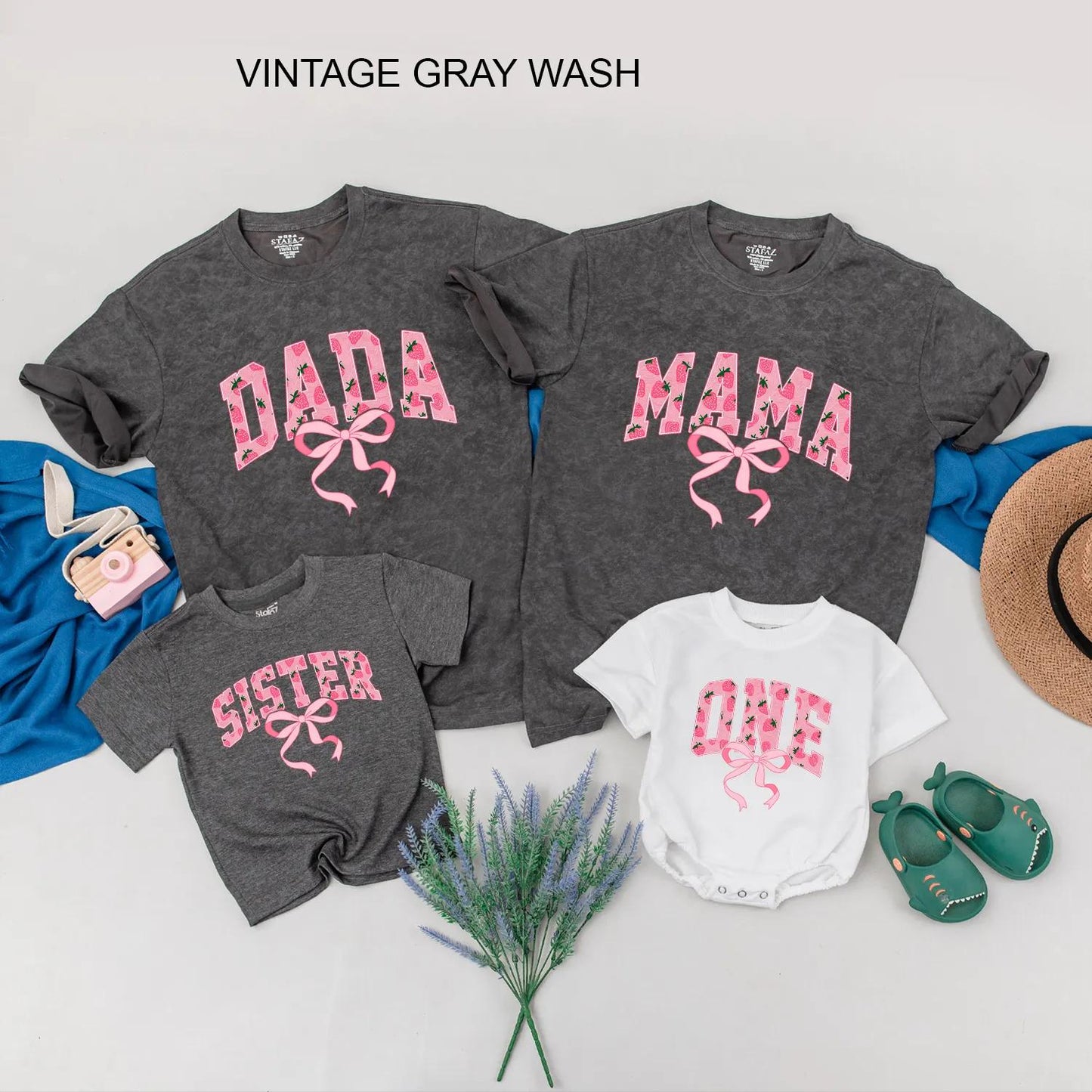 Matching Strawberry Birthday Family Shirts: Dada, Mama, Sister, 1st Birthday Girl Outfit with Pink Bow & Cute Design
