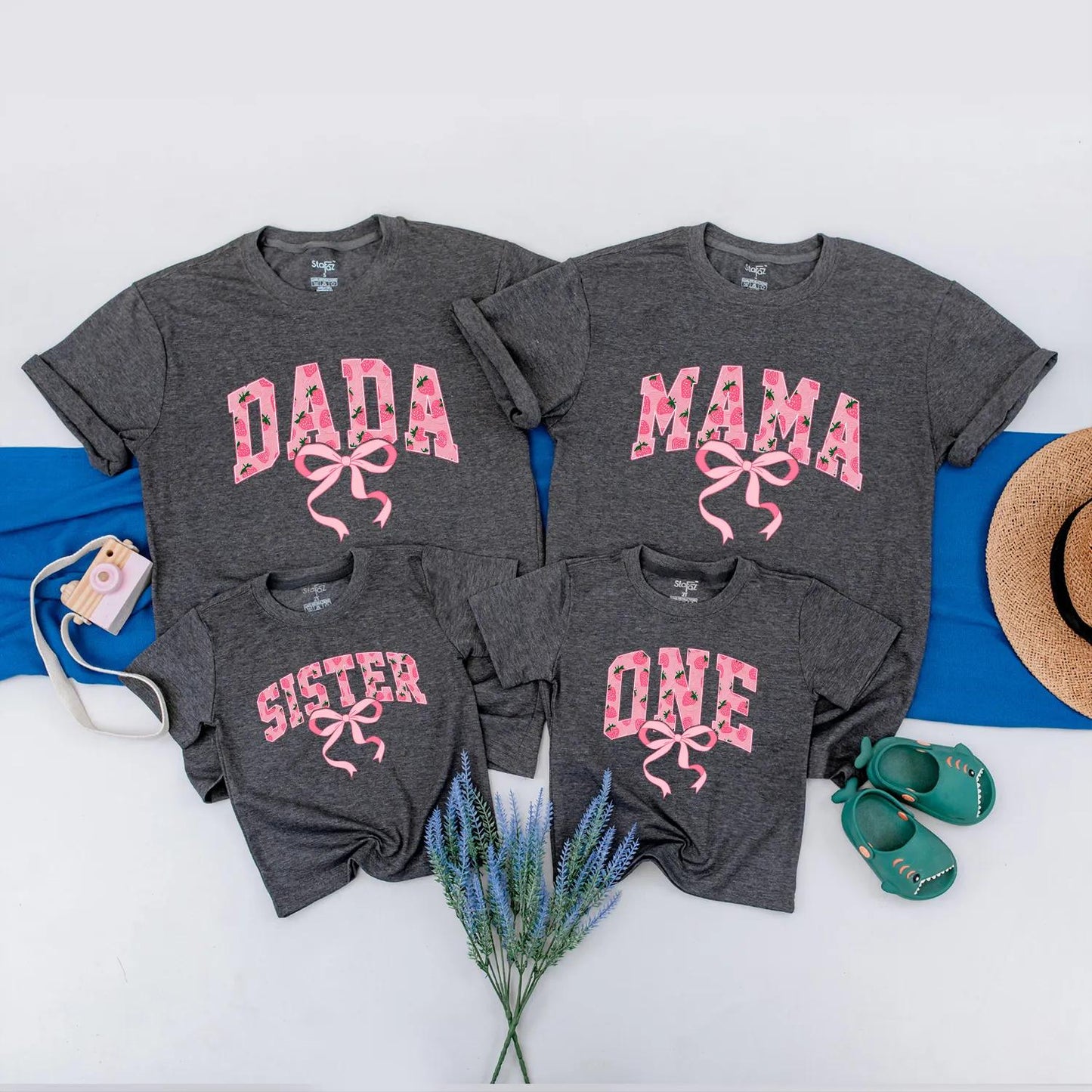 Matching Strawberry Birthday Family Shirts: Dada, Mama, Sister, 1st Birthday Girl Outfit with Pink Bow & Cute Design