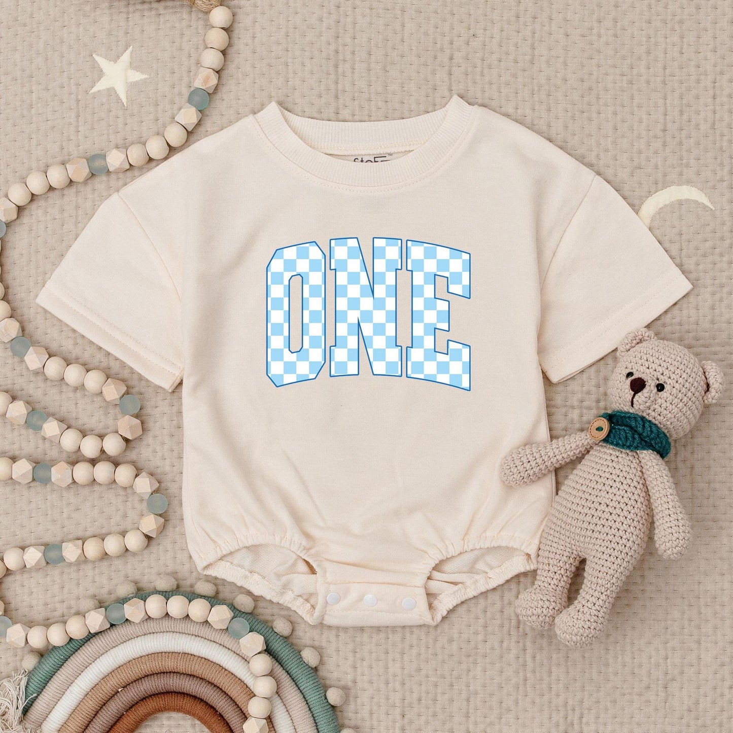 ONE Checkered Light Blue First Birthday Baby Boy Romper Playful Modern Design Outfit Soft Cotton Newborn Celebration Gift Babysuit