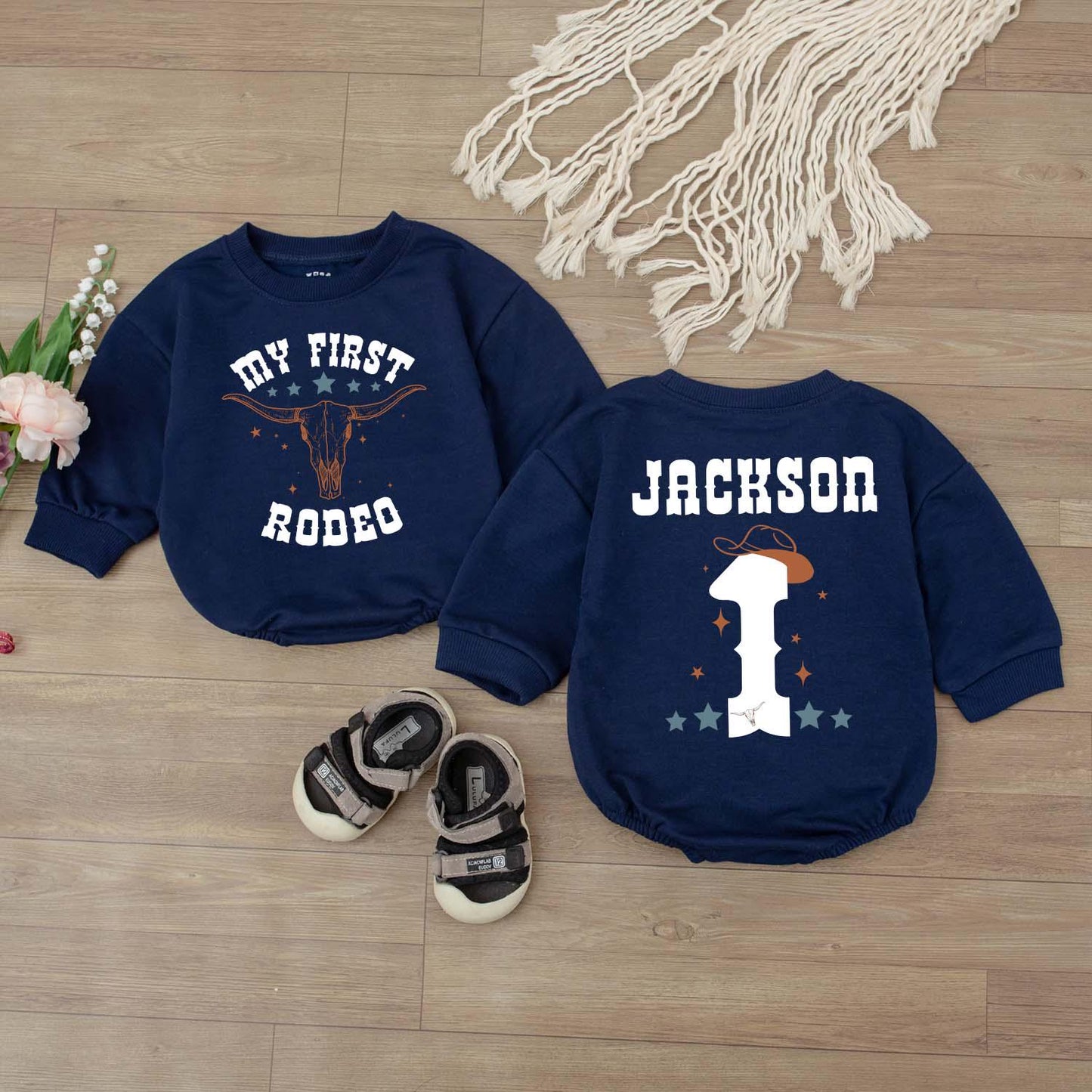 My First Rodeo Cowboy Birthday Shirt Personalized Name on Back Custom Western Outfit for Baby Boy Wild West First Year Bash
