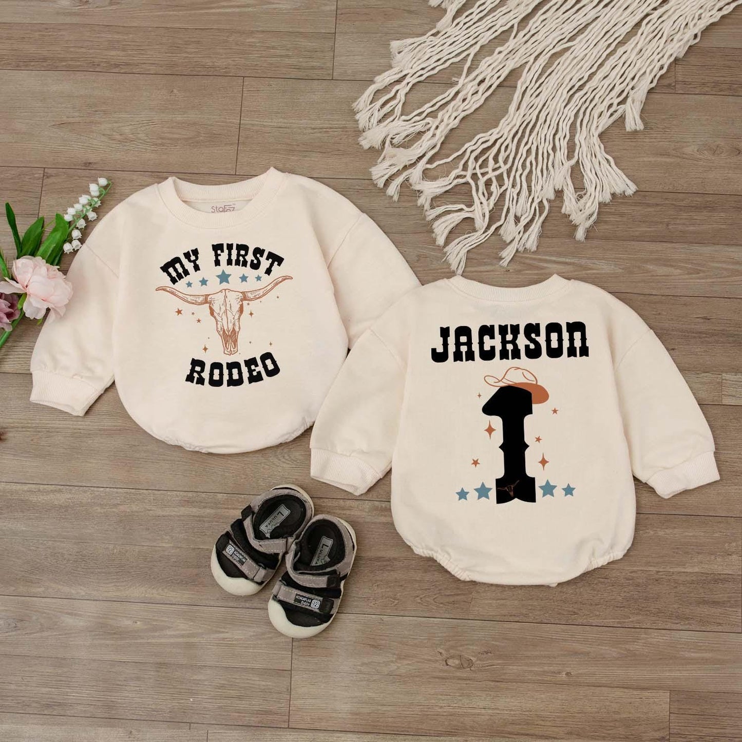 My First Rodeo Cowboy Birthday Shirt Personalized Name on Back Custom Western Outfit for Baby Boy Wild West First Year Bash
