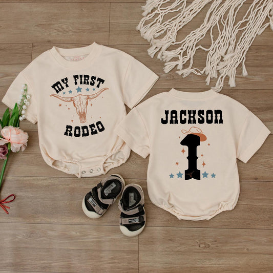 My First Rodeo Cowboy Birthday Shirt Personalized Name on Back Custom Western Outfit for Baby Boy Wild West First Year Bash