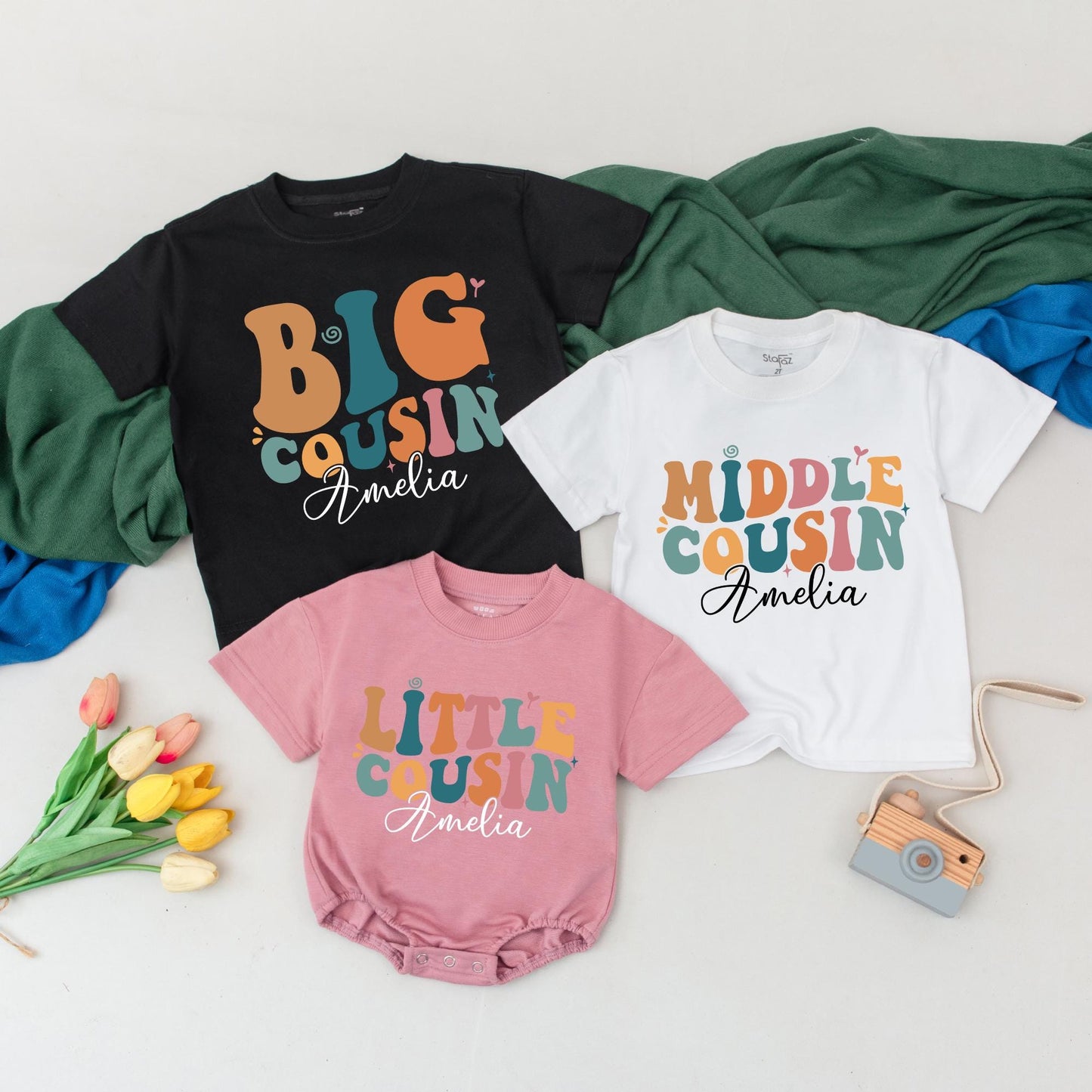 Personalized Big Middle Little Cousin Matching Shirts - Custom Name Cousin Crew Outfits - Sibling Birthday Gift - Baby Toddler Announcement