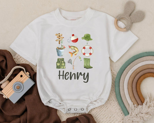 Personalized Baby Boy Fishing Bubble Romper Outdoor Adventure Outfit Custom Father's Day Gift Infant Boy Camping Clothes