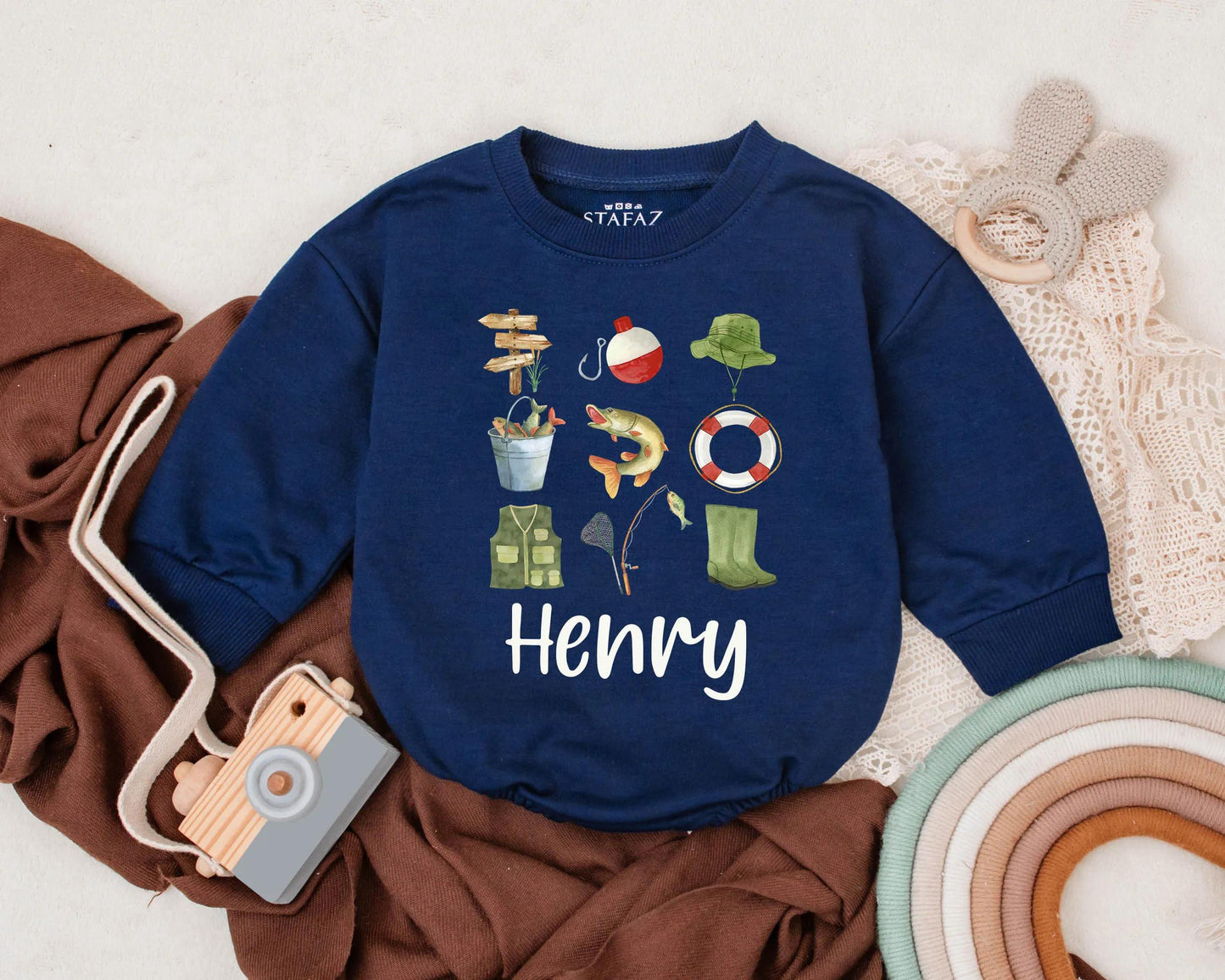 Personalized Baby Boy Fishing Bubble Romper Outdoor Adventure Outfit Custom Father's Day Gift Infant Boy Camping Clothes