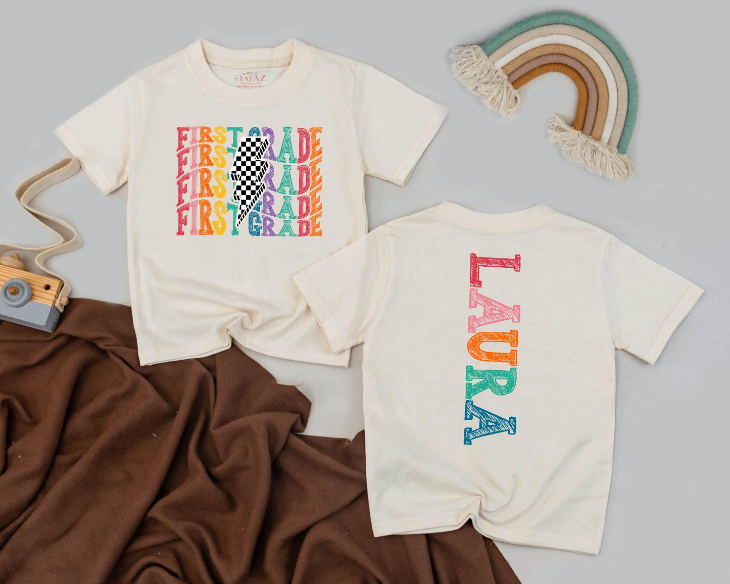 Personalized First Grade Rainbow Lightning Bolt Shirt for Girls or Boys - 1st Grade Name Tee Back to School Gift