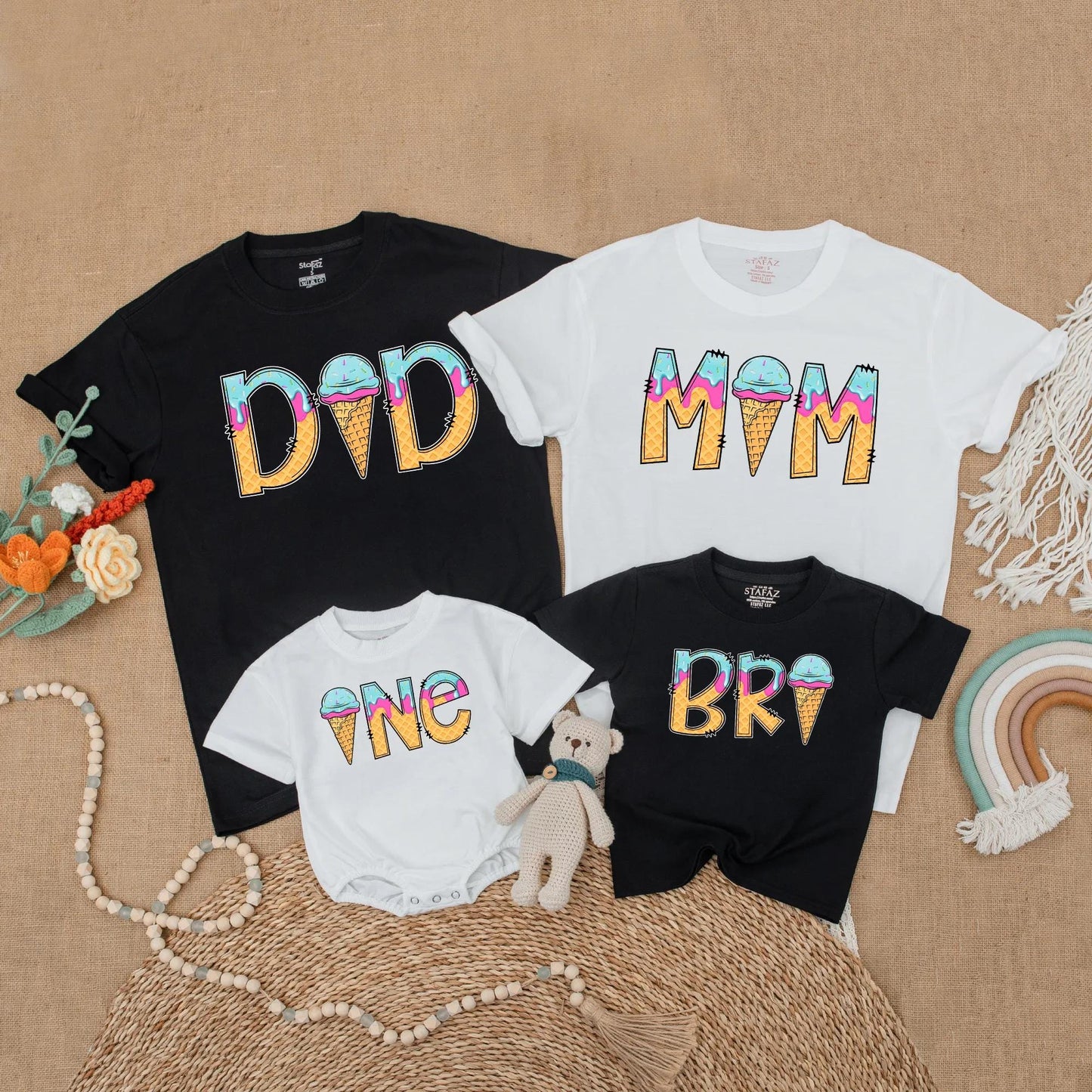 Sweet One Ice Cream Birthday Matching Family Shirts Girl 1st Birthday Outfit Toddler Summer Party Gift Mommy & Me Pastel