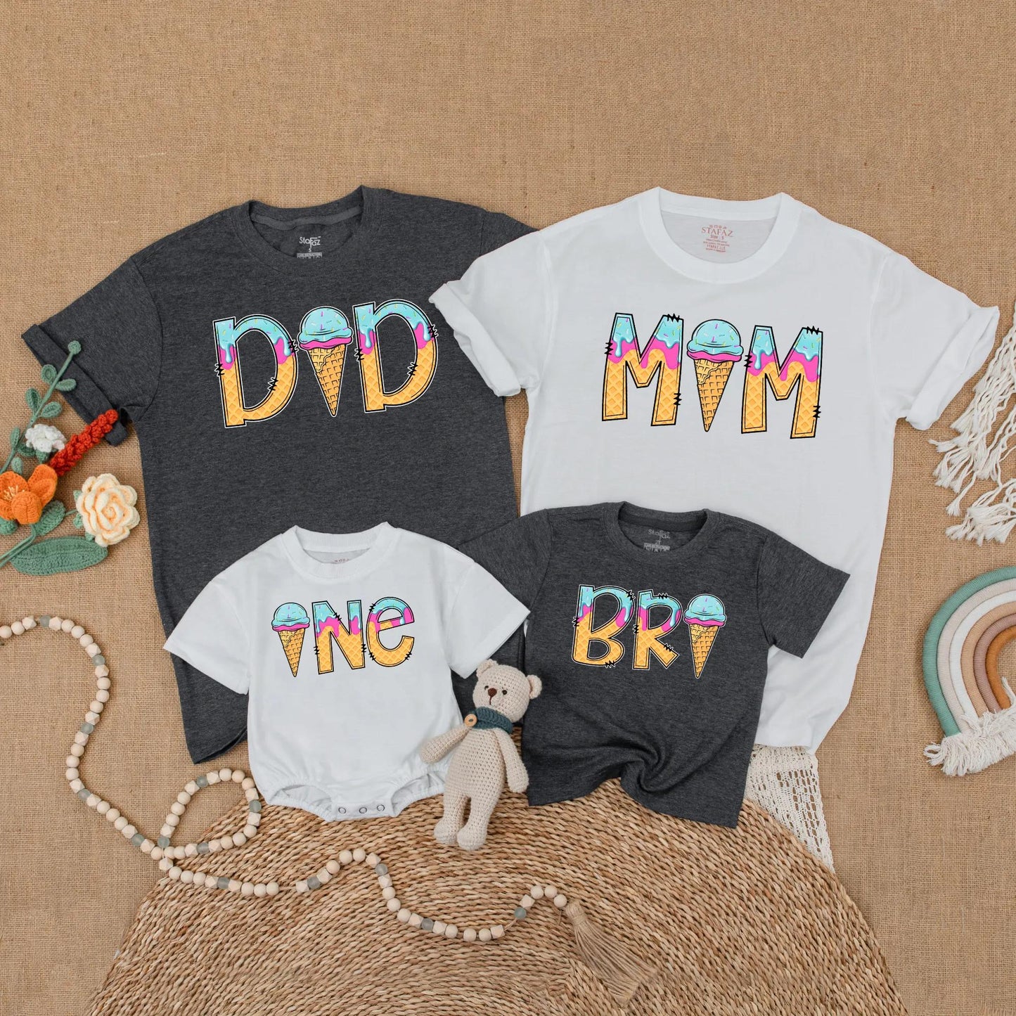 Sweet One Ice Cream Birthday Matching Family Shirts Girl 1st Birthday Outfit Toddler Summer Party Gift Mommy & Me Pastel