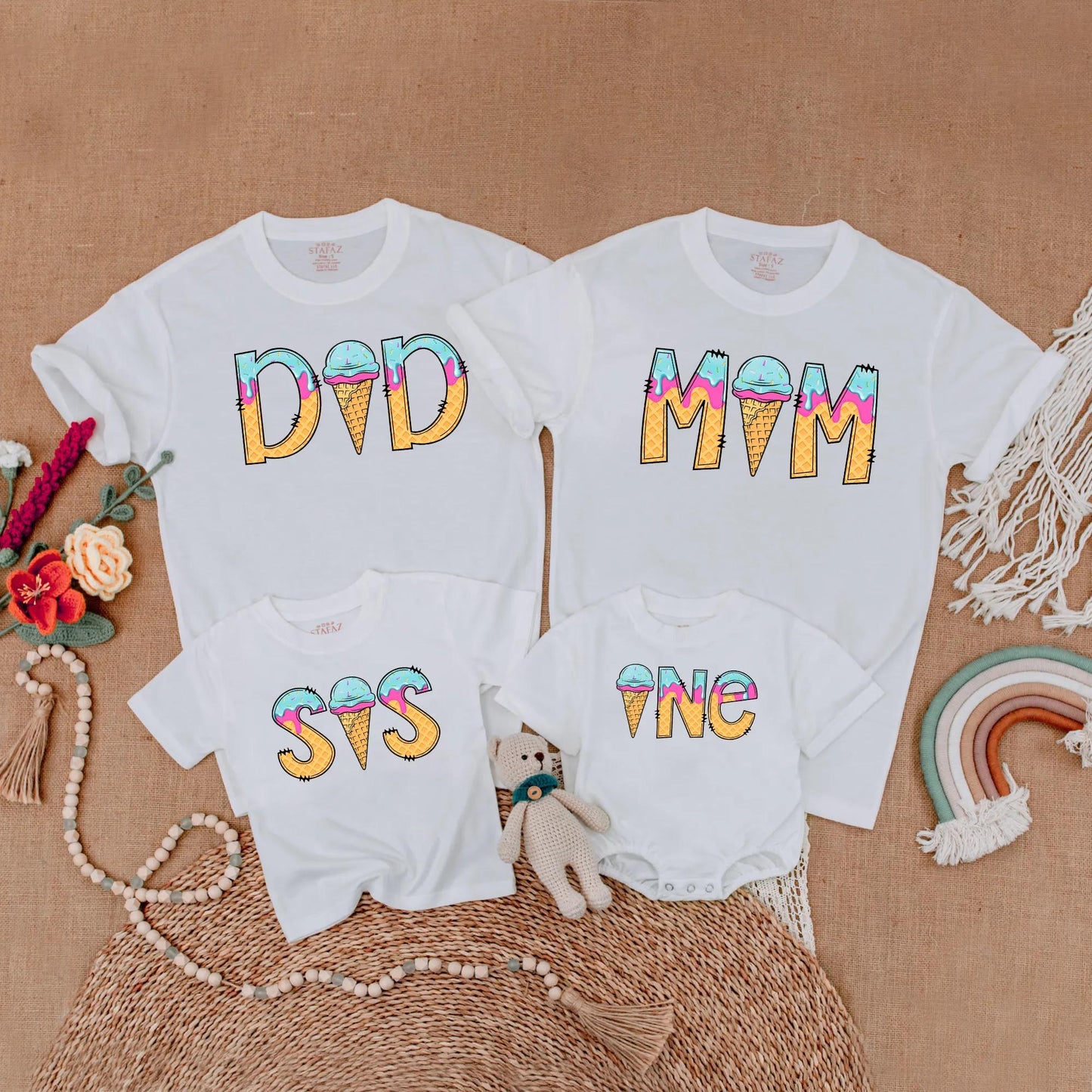 Sweet One Ice Cream Birthday Matching Family Shirts Girl 1st Birthday Outfit Toddler Summer Party Gift Mommy & Me Pastel