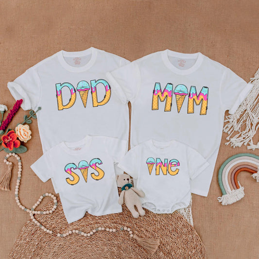 Sweet One Ice Cream Birthday Matching Family Shirts Girl 1st Birthday Outfit Toddler Summer Party Gift Mommy & Me Pastel