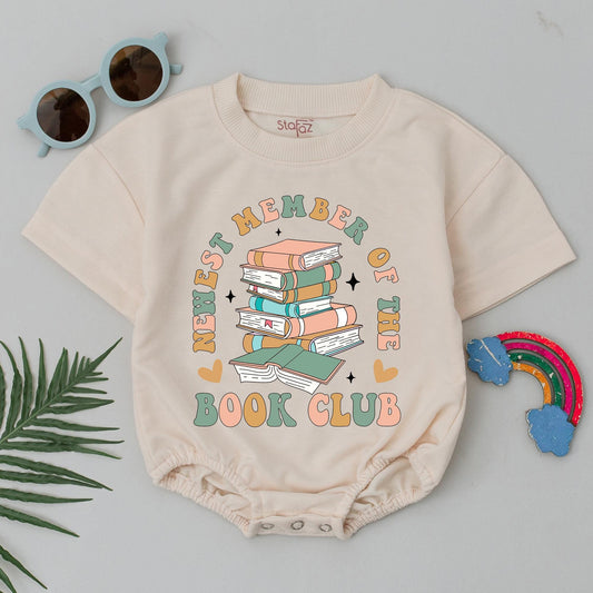 Newest Member of the Book Club Pastel Books Baby Romper Cute Infant Bodysuit Vintage Retro Reading Theme Baby Shower Gift Adorable Hearts Stars Outfit