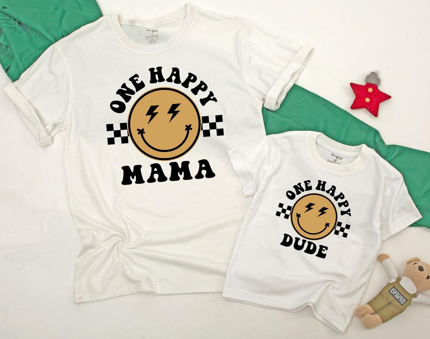 One Happy Dude First Birthday Matching Family Sweatshirt and Bodysuit Outfit with Cute Smile Face Design for Baby Mom Dad Gift Celebration