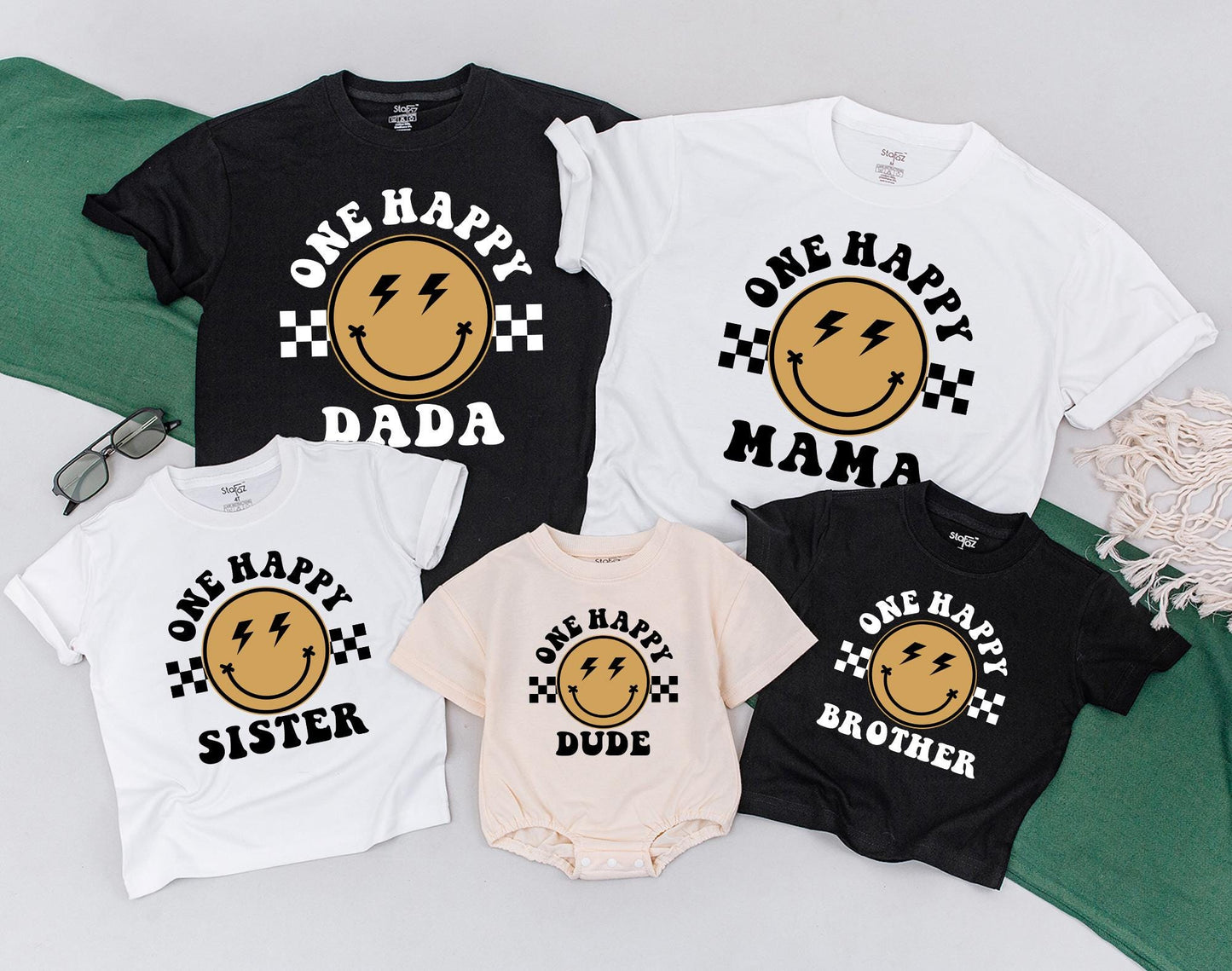 One Happy Dude First Birthday Matching Family Sweatshirt and Bodysuit Outfit with Cute Smile Face Design for Baby Mom Dad Gift Celebration