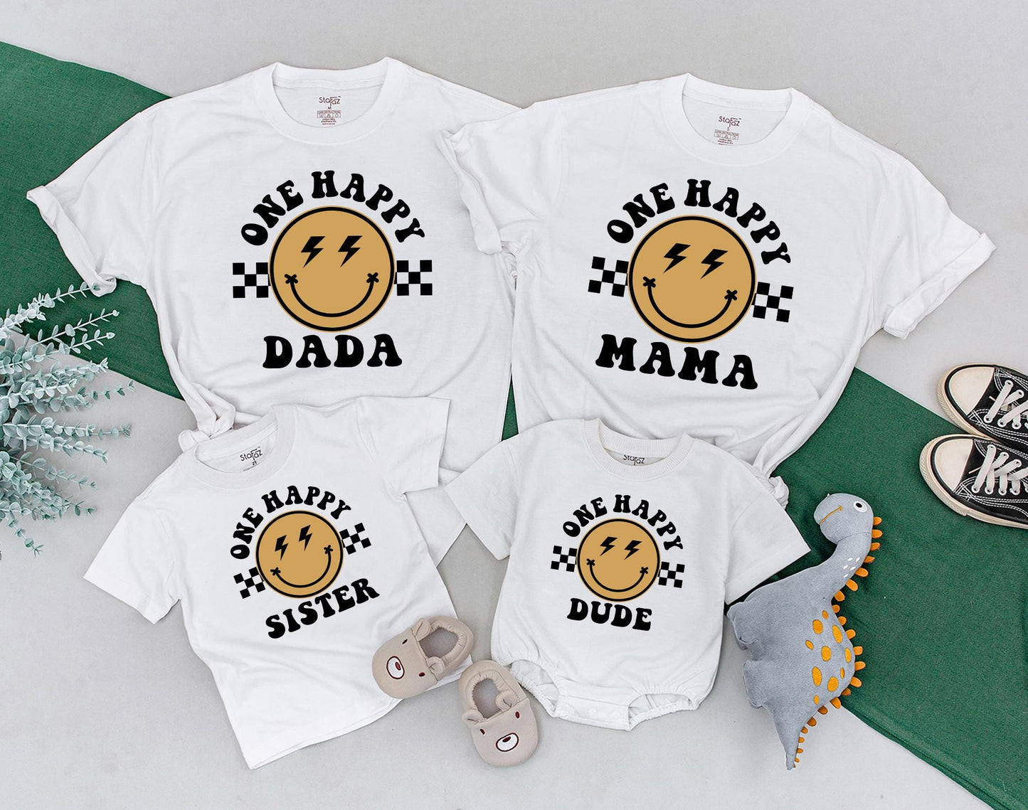 One Happy Dude First Birthday Matching Family Sweatshirt and Bodysuit Outfit with Cute Smile Face Design for Baby Mom Dad Gift Celebration