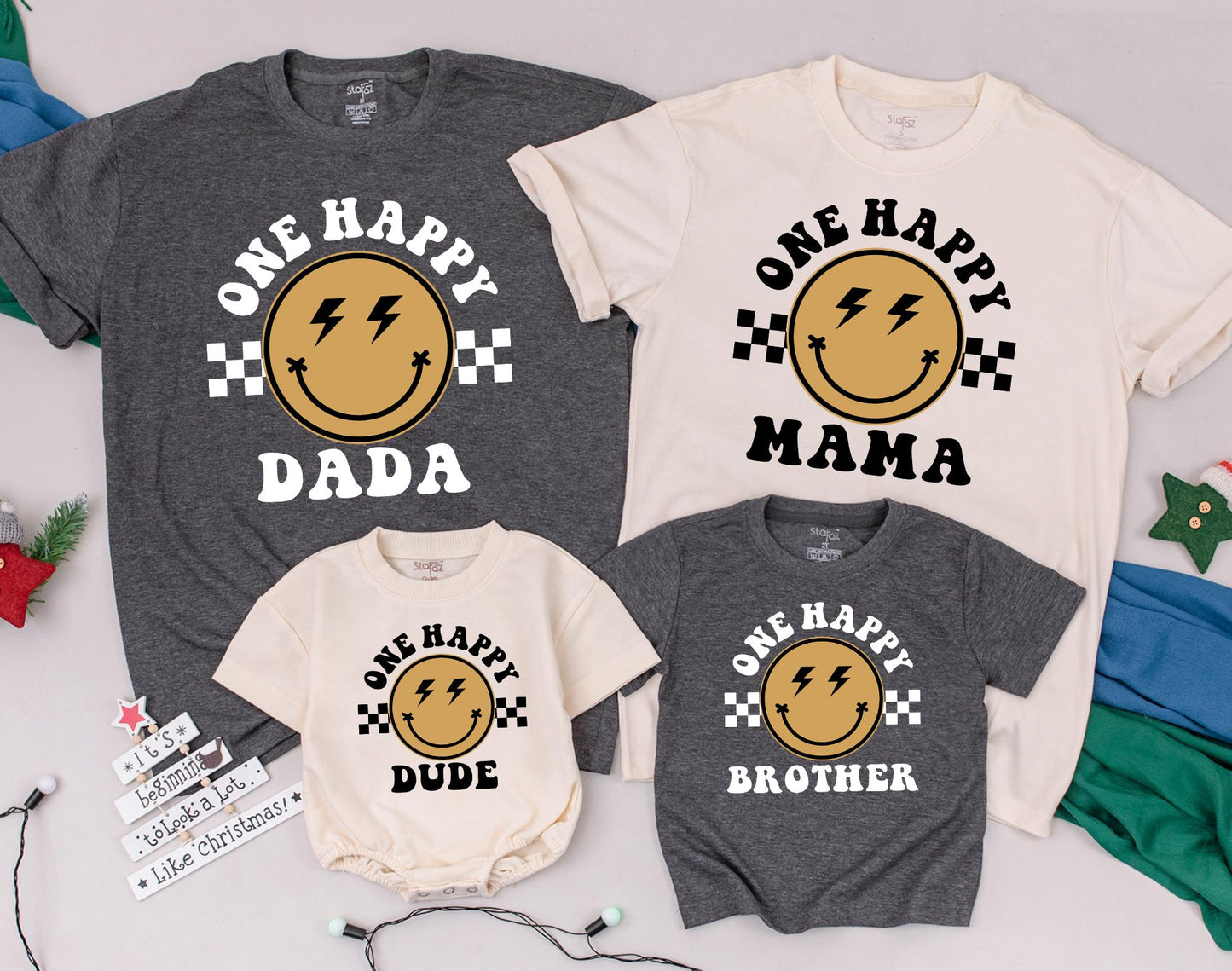 One Happy Dude First Birthday Matching Family Sweatshirt and Bodysuit Outfit with Cute Smile Face Design for Baby Mom Dad Gift Celebration