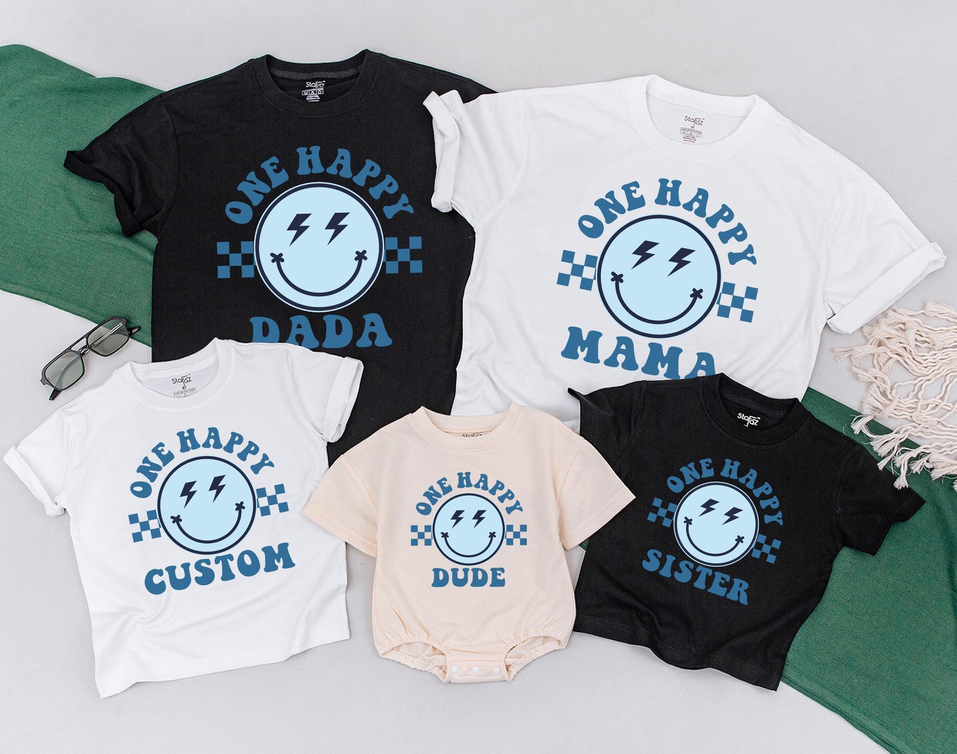 Matching One Happy Dude 1st Birthday Family Shirt Outfit, Retro Smiley Face Design for Baby Boy's First Birthday Party, Groovy Theme