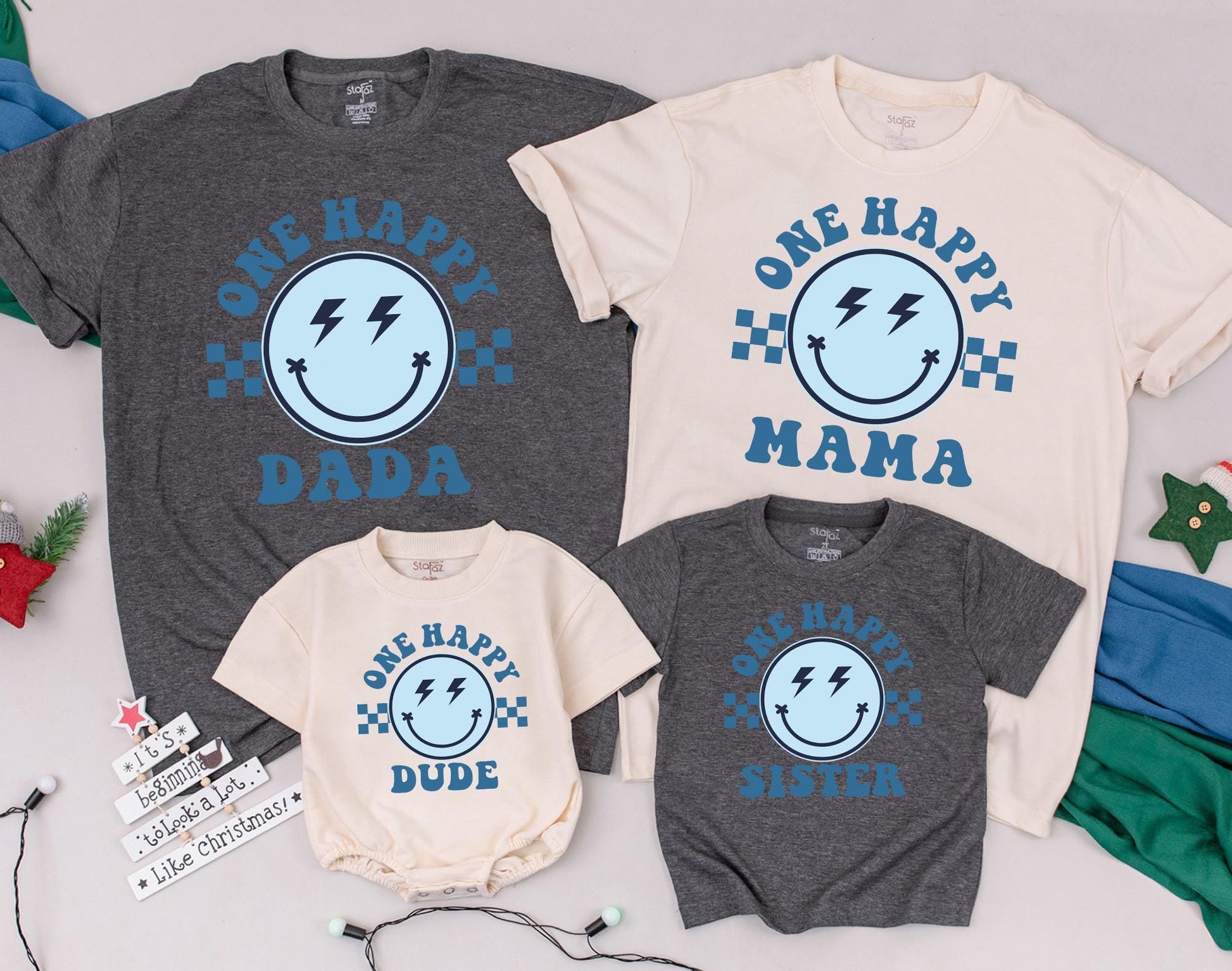 Matching One Happy Dude 1st Birthday Family Shirt Outfit, Retro Smiley Face Design for Baby Boy's First Birthday Party, Groovy Theme