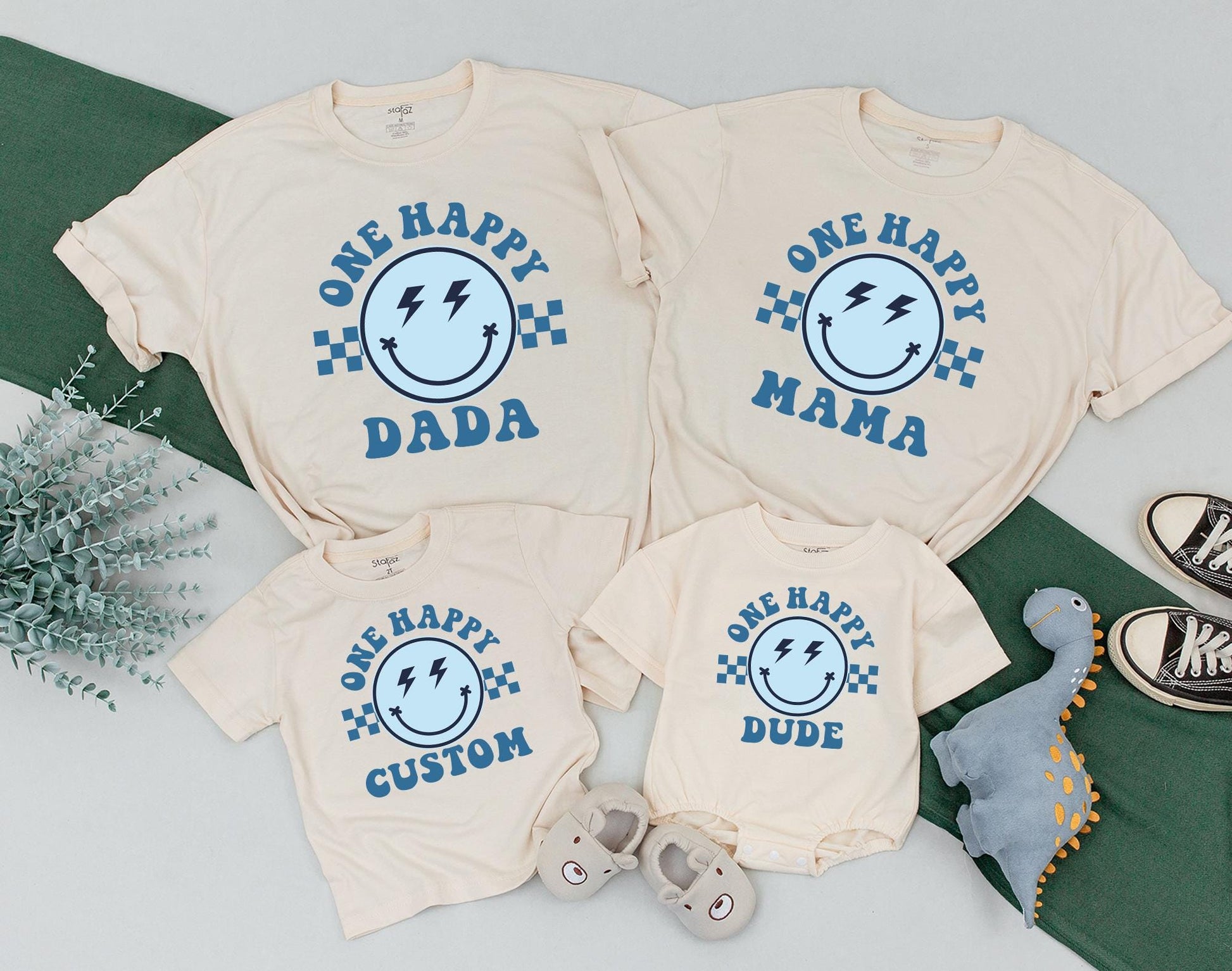 Matching One Happy Dude 1st Birthday Family Shirt Outfit, Retro Smiley Face Design for Baby Boy's First Birthday Party, Groovy Theme