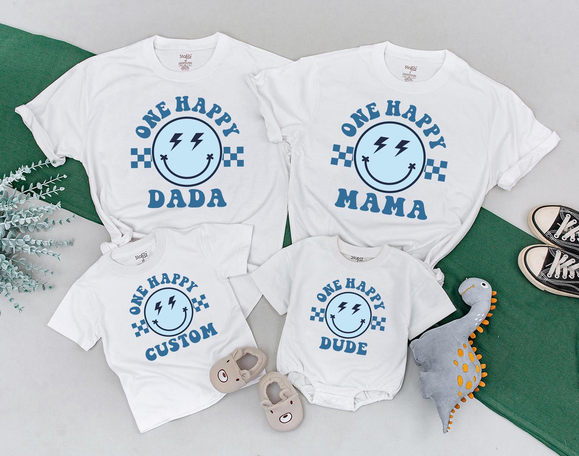 Matching One Happy Dude 1st Birthday Family Shirt Outfit, Retro Smiley Face Design for Baby Boy's First Birthday Party, Groovy Theme