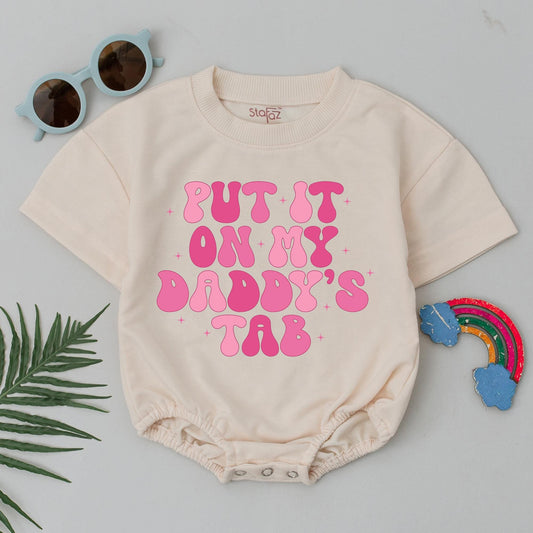 Daddy's Tab Baby Romper - Funny Retro Outfit for Baby Girl - Cute Newborn Bodysuit - First Father's Day Gift - Playful Pink Design Clothes (139 chars)