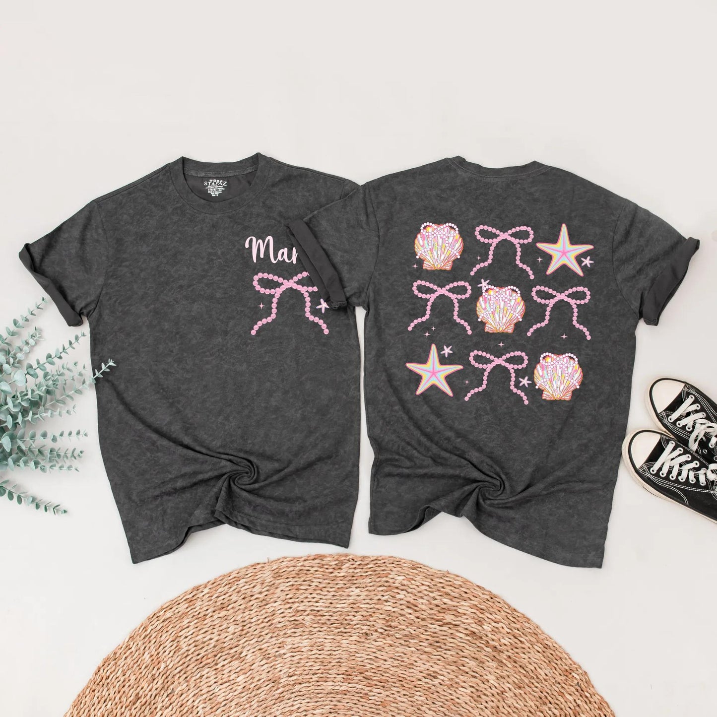 Cute Seashell Bow Matching Family Shirts Mommy and Me Beach Outfits Personalized Amelia Summer Vacation Tees
