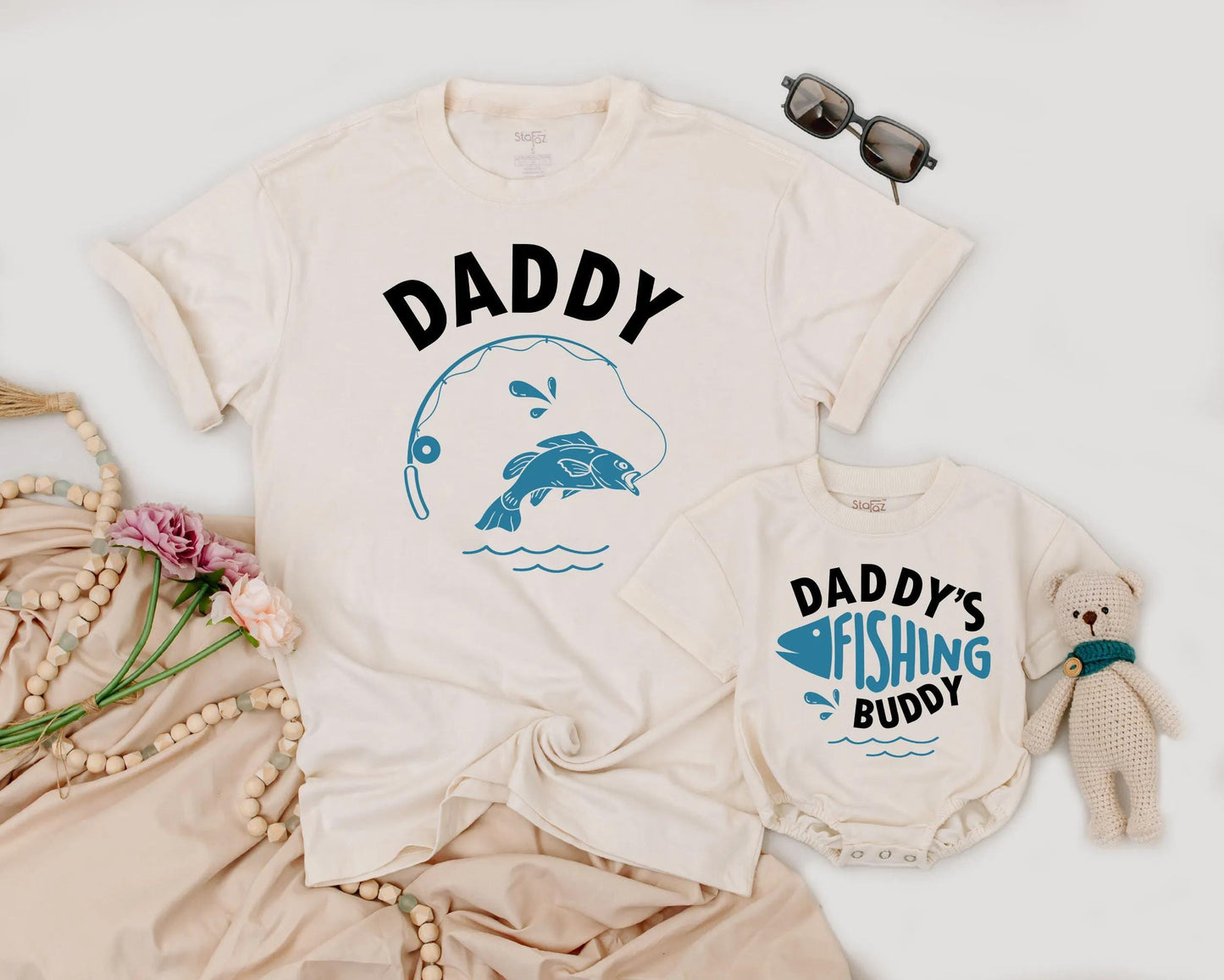 Daddy's Fishing Buddy Matching Dad and Baby Outfit Blue Fish Graphic Father's Day Gift Set