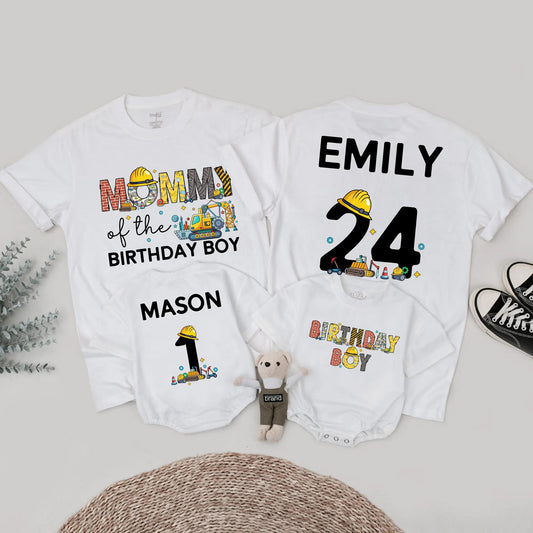 Birthday Boy Construction Crew Shirt, Digger Truck Party Outfit for Baby, Toddler and Kids, Brick Letter Name Tee, Matching Family Builder Celebration!