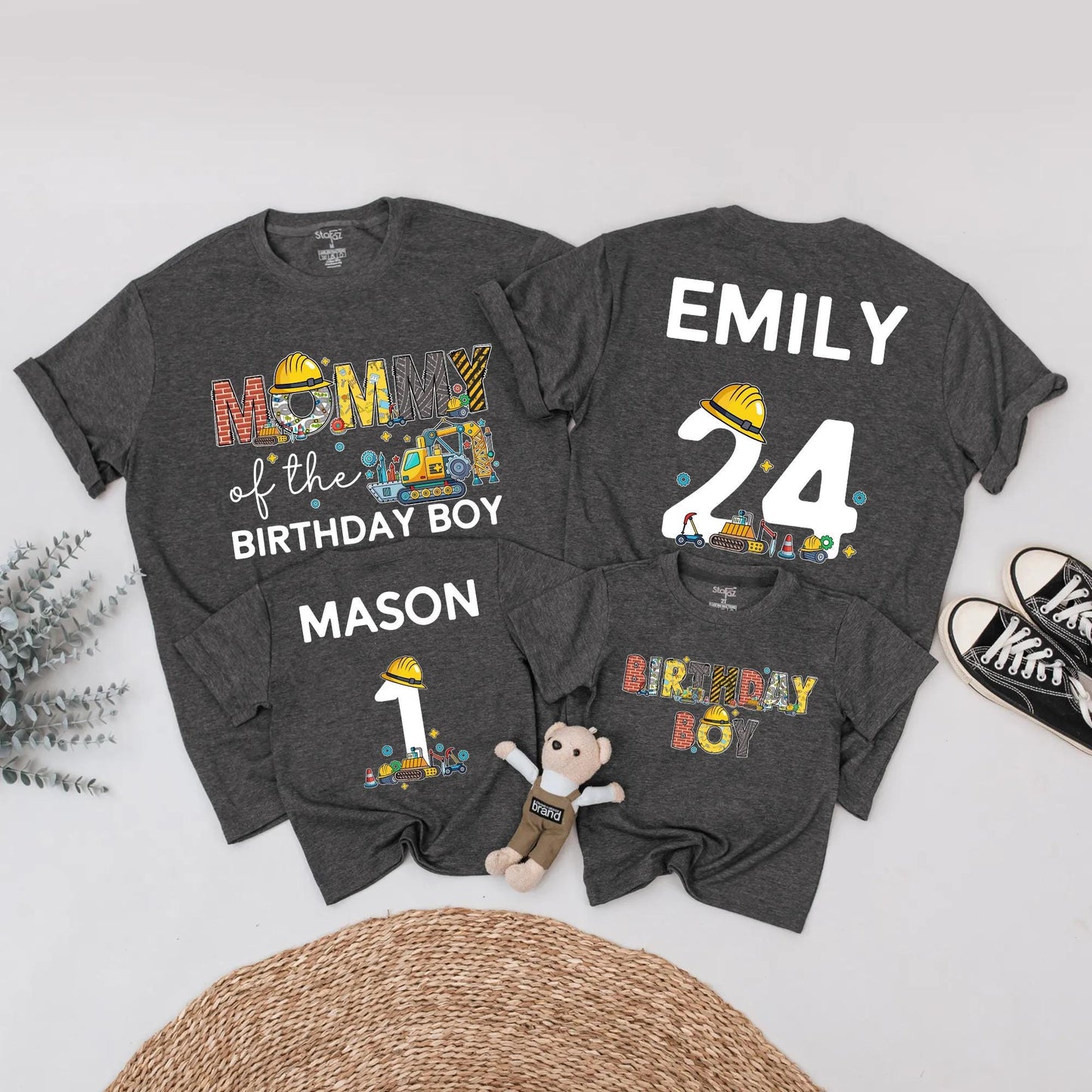 Birthday Boy Construction Crew Shirt, Digger Truck Party Outfit for Baby, Toddler and Kids, Brick Letter Name Tee, Matching Family Builder Celebration!